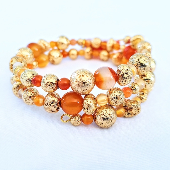 Piece #466 "Courageous" Gold Lava Stone Carnelian Bead Handmade Bangle Bracelet - Picture 5 of 6